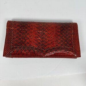 Vintage Red Brown Exotic Snake Skin Leather Clutch Bag Evening Wallet Purse